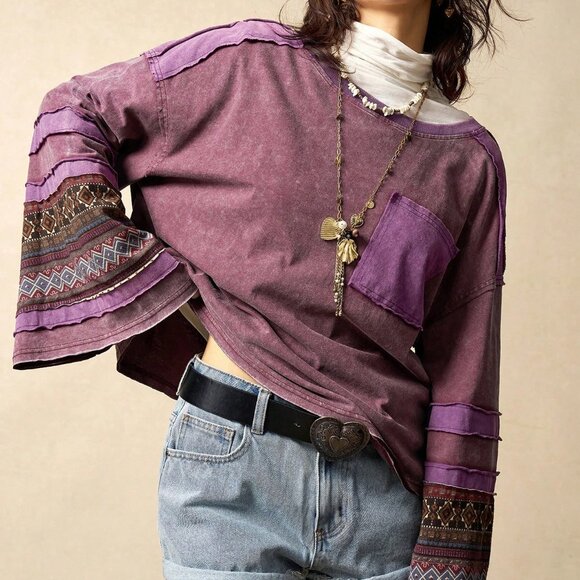 Multicolor Casual Women's Knit Patchwork Round Neck Long Sleeve Loose T-Shirt - Picture 6 of 8